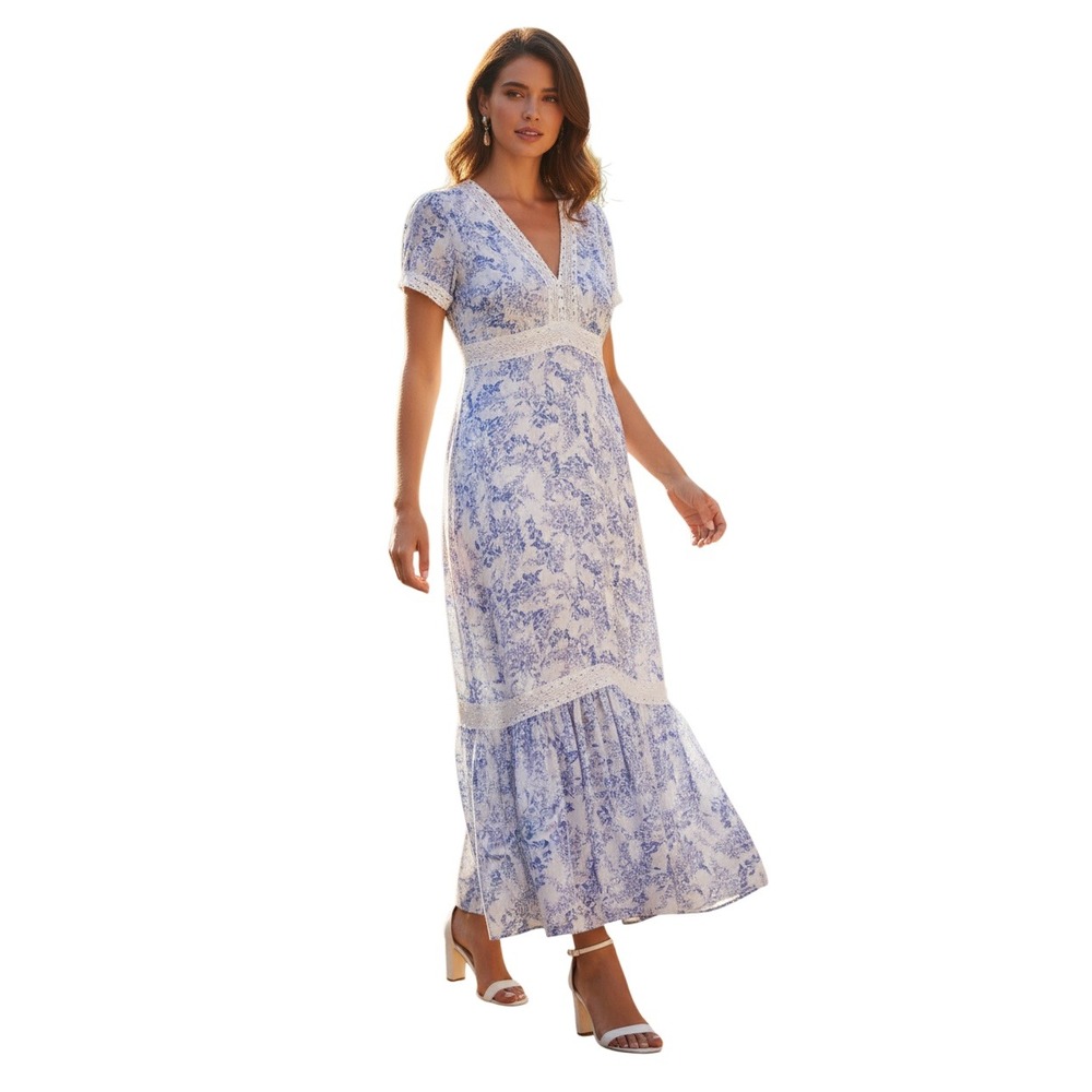 Taylor Blue White Floral Lace Trim Maxi Dress Puff Sleeve Tiered NWOT M Coastal